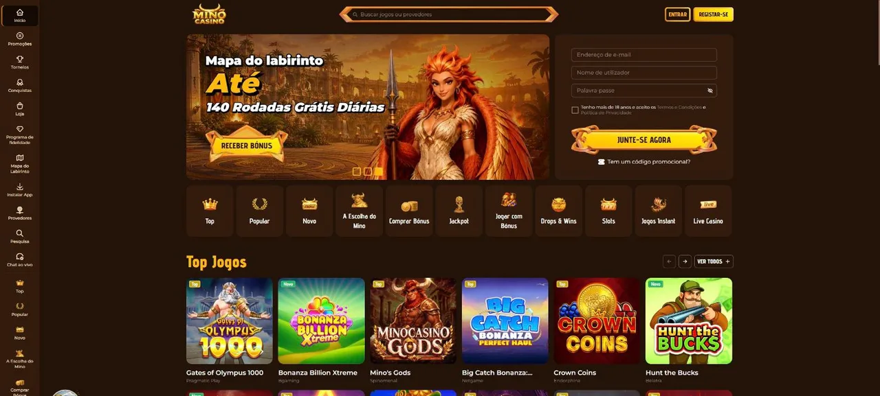 Página inicial do Mino Casino em português com o bónus de boas-vindas