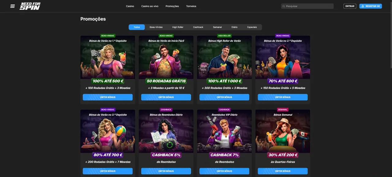Página de promoções do Need for Spin com bónus de boas-vindas e cashback
