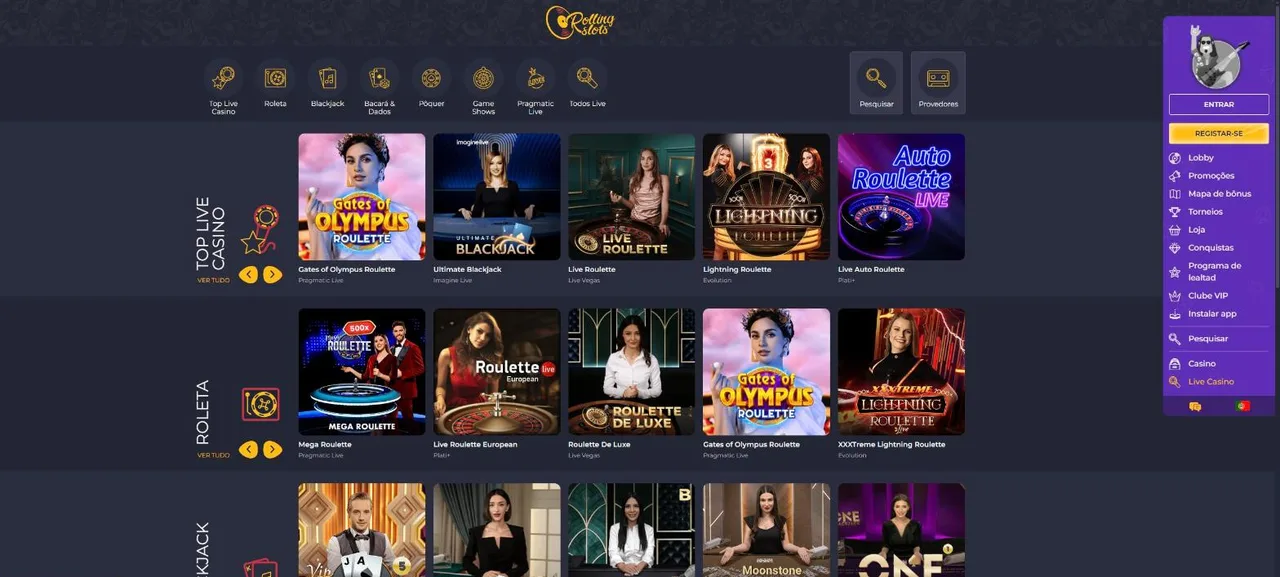 Secção de live casino do Rolling Slots com roleta e blackjack