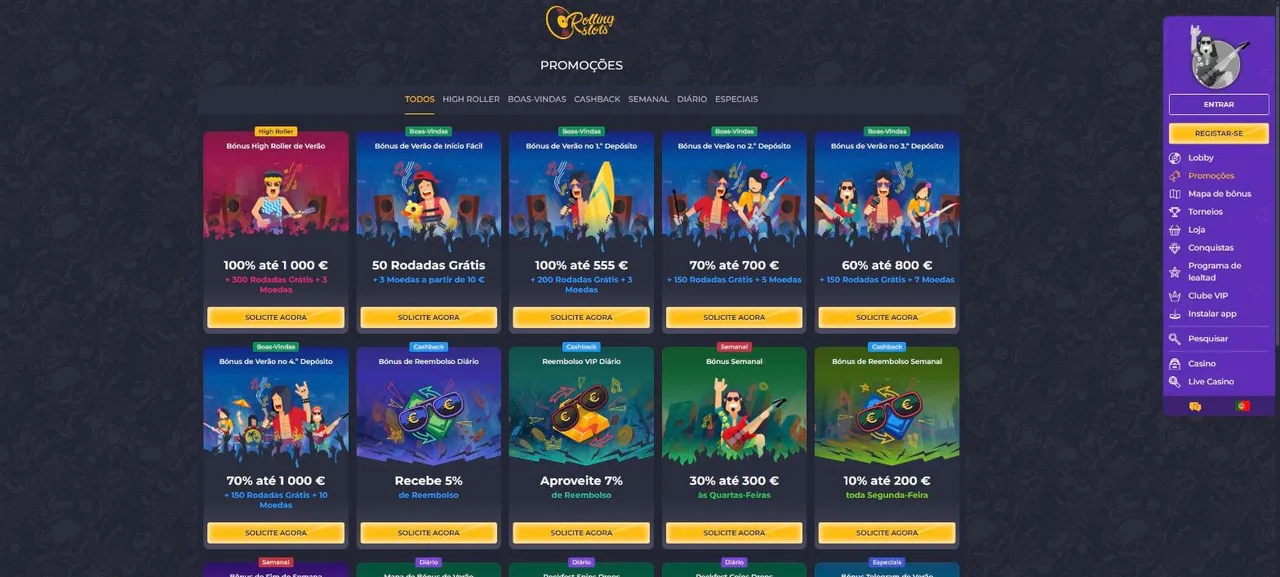 Página de promoções do Rolling Slots com o pacote em quatro depósitos e cashback