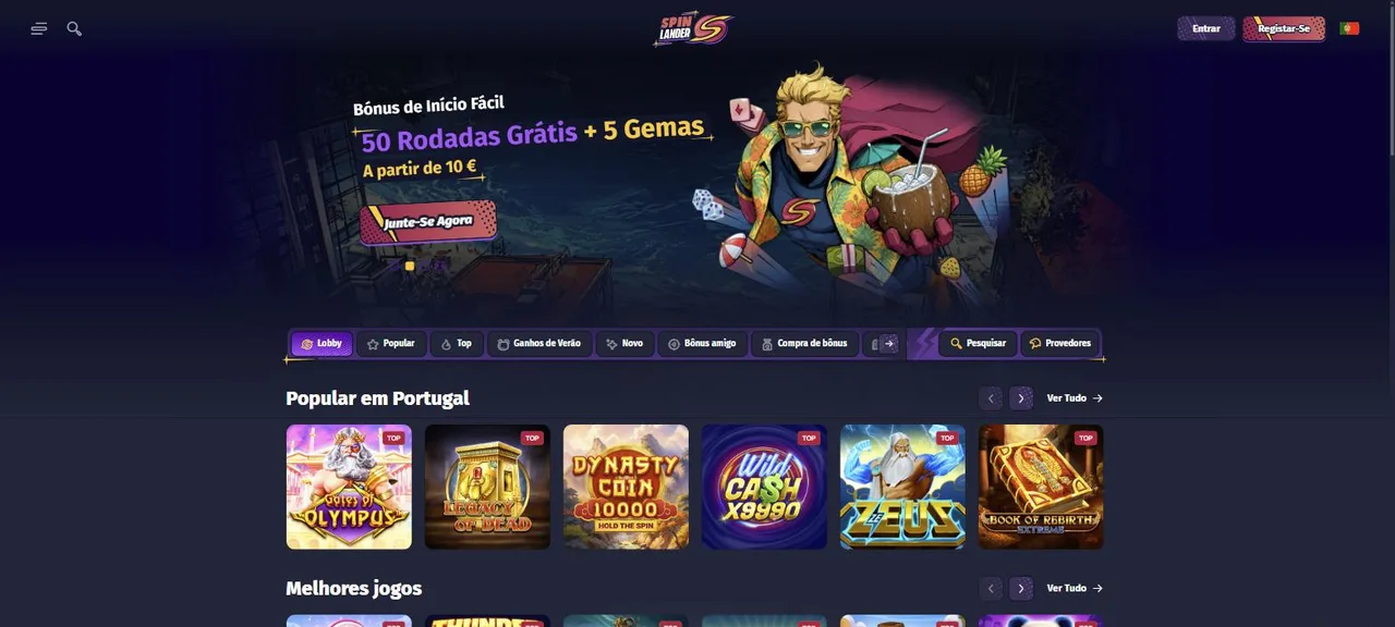 Página inicial do Spin Lander em português com o bónus de início fácil