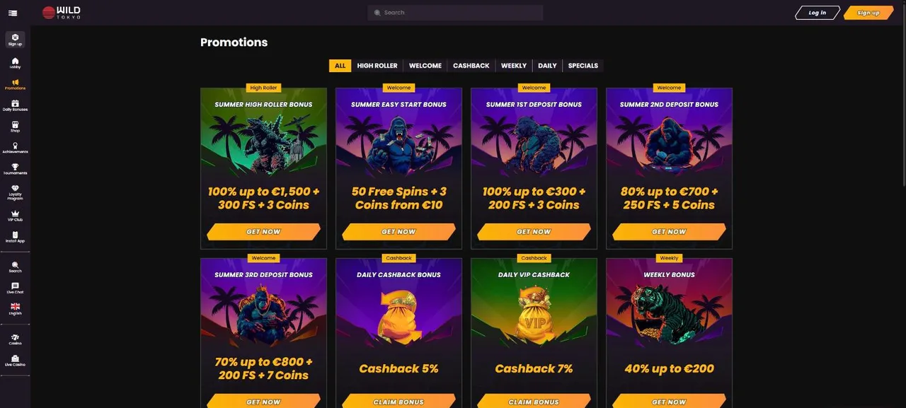 Página de promoções do Wild Tokyo com bónus de boas-vindas e cashback